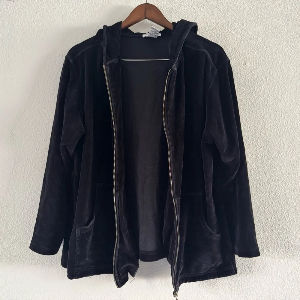 Y2K Velour Zip Up Hoodie Large Black Loungewear Cozy Athleisure Cotton Couture - Picture 4 of 12